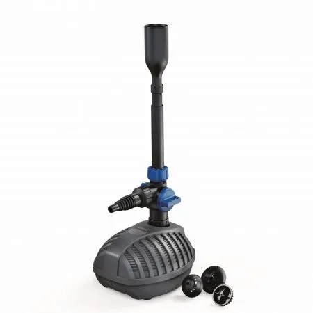 „Aquarius Fountain Set Classic 2000 E – schwarzer Tauchpumpen-Brunnen mit höhenverstellbarem Teleskoprohr, austauschbaren Düsenaufsätzen und blauen Verstellteilen, geeignet für Garten- und Teichinstallationen“